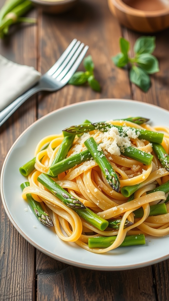A serving of asparagus pasta topped with Parmesan cheese on a rustic wooden table.